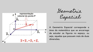 Geometria
Espacial:
A Geometria Espacial corresponde a
área da matemática que se encarrega
de estudar as figuras no espaço, ou
seja, aquelas que possuem mais de duas
dimensões.
 