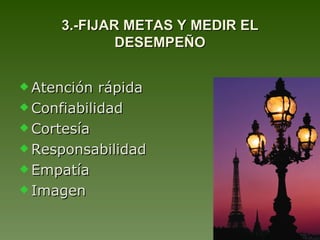 3.-FIJAR METAS Y MEDIR EL DESEMPEÑO Atención rápida Confiabilidad Cortesía Responsabilidad Empatía  Imagen 