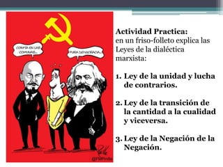 Actividad Practica:
en un friso-folleto explica las
Leyes de la dialéctica
marxista:
1. Ley de la unidad y lucha
de contrarios.
2. Ley de la transición de
la cantidad a la cualidad
y viceversa.
3. Ley de la Negación de la
Negación.
 