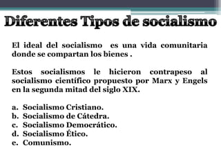 El ideal del socialismo es una vida comunitaria
donde se compartan los bienes .
Estos socialismos le hicieron contrapeso al
socialismo científico propuesto por Marx y Engels
en la segunda mitad del siglo XIX.
a. Socialismo Cristiano.
b. Socialismo de Cátedra.
c. Socialismo Democrático.
d. Socialismo Ético.
e. Comunismo.
 