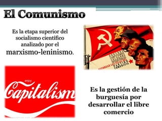 Es la etapa superior del
socialismo científico
analizado por el
marxismo-leninismo.
Es la gestión de la
burguesía por
desarrollar el libre
comercio
 