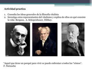“Aquel que tiene un porqué para vivir se puede enfrentar a todos los "cómos".
F. Nietzsche
Actividad practica
1. Consulta las ideas generales de la filosofía vitalista
2. Investiga estos representantes del vitalismo y explica de ellos en qué consiste
la vida: Bergson, A. Schopenhauer, Dilthey.
 