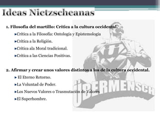 1. Filosofía del martillo: Crítica a la cultura occidental.
Crítica a la Filosofía: Ontología y Epistemología
Crítica a la Religión.
Crítica ala Moral tradicional.
Crítica a las Ciencias Positivas.
2. Afirmar y crear unos valores distintos a los de la cultura occidental.
El Eterno Retorno.
La Voluntad de Poder.
Los Nuevos Valores o Trasmutación de Valores
El Superhombre.
 