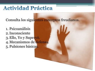 Consulta los siguientes conceptos freudianos.
1. Psicoanálisis
2.Inconsciente
3.Ello, Yo y Superyó.
4.Mecanismos de defensa.
5. Pulsiones básicas.
 