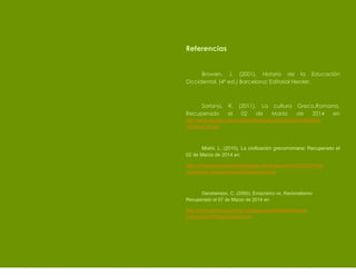 Referencias

Browen, J. (2001). Historia de la Educación
Occidental. (4ª ed.) Barcelona: Editorial Herder.

Soriano, R.
Recuperado
el

(2011). La cultura Greco.Romana.
02
de
Marzo
de
2014
en

http://www.elvolta.com.ar/drupal/files/cs/La%20cultura%20grecoromana%20.pdf

Mixhii, L. (2010). La civilización grecorromana: Recuperado el
02 de Marzo de 2014 en
http://colegionuestraseoradebegoa.wordpress.com/2010/02/10/lacivilizacion-grecorromana-trabajocompleto/

Gershenson, C. (2000). Emiprismo vs. Racionalismo:
Recuperado el 07 de Marzo de 2014 en
http://turing.iimas.unam.mx/-cgg/jlagunez/filosofia/historiaEmpirismoVSRacioanlismo.htm

 