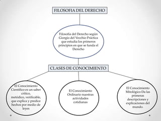 FILOSOFIA DEL DERECHO

Filosofía del Derecho según
Giorgio del Vecchio Práctica
que estudia los primeros
principios en que se funda el
Derecho

CLASES DE CONOCIMIENTO

El Conocimiento
Científico es un saber
crítico,
metódico, verificable,
que explica y predice
hechos por medio de
leyes

El Conocimiento
Ordinario nuestras
actividades
cotidianas

El Conocimiento
Mitológico Da las
primeras
descripciones y
explicaciones del
mundo.

 