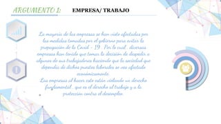 La mayoría de las empresas se han visto afectadas por
las medidas tomadas por el gobierno para evitar la
propagación de la Covid - 19 . Por lo cual , diversas
empresas han tenido que tomar la decisión de despedir a
algunos de sus trabajadores haciendo que la sociedad que
dependía de dichos puestos laborales se vea afectado
económicamente.
Las empresas al hacer esto están violando un derecho
fundamental , que es el derecho al trabajo y a la
protección contra el desempleo.
ARGUMENTO 1: EMPRESA/ TRABAJO
 