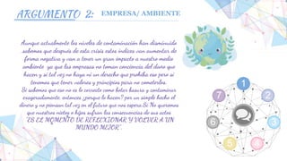 1
2
3
45
6
7
ARGUMENTO 2:
Aunque actualmente los niveles de contaminación han disminuido
,sabemos que después de esta crisis estos índices van aumentar de
forma negativa y van a tener un gran impacto a nuestro medio
ambiente ya que las empresas no toman conciencia del daño que
hacen y si tal vez no haya ni un derecho que prohiba eso pero si
tenemos que tener valores y principios para no cometerlos.
Si sabemos que eso no es lo correcto como botar basura y contaminar
exageradamente, entonces ¿porque lo hacen? por un simple hecho el
dinero y no piensan tal vez en el futuro que nos espera.Si No queremos
que nuestros nietos o hijos sufran las consecuencias de sus actos
“ES EL MOMENTO DE REFLEXIONAR Y VOLVER A UN
MUNDO MEJOR”.
EMPRESA/ AMBIENTE
 