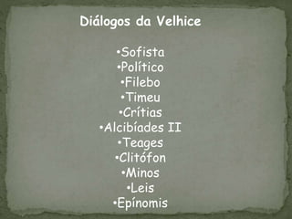 Diálogos da Velhice
•Sofista
•Político
•Filebo
•Timeu
•Crítias
•Alcibíades II
•Teages
•Clitófon
•Minos
•Leis
•Epínomis
 