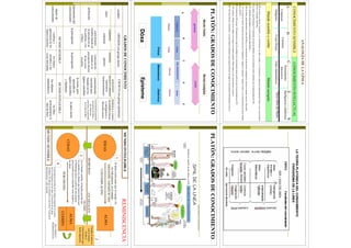 ANALOGÍADELALÍNEA
CONOCIMIENTOSENSIBLECONOCIMIENTOINTELECTUAL
ADCEB
ConjeturaCreencia
Pensamiento
discursivo
Inteligenciaodialéctica
ImágenesCosasfísicasEntesmatemáticosIdeas(IdeadelBien)
MundosensibleovisibleMundointeligible
I.CBserefierealMundoInteligibleyalconocimientodedichomundo,elconocimientointelectual(habitualmentellamaaesteconocimiento
cienciao,engriego,epistéme):
CEesmenorqueEBporqueCErepresentauntipoderealidadydeconocimientomenosperfectoqueelrepresentadoporEB;
1.CE:entidadesmatemáticasyconocimientomatemático;
2.EB:lasIdeas,particularmentelaIdeadelBienysuconocimiento(ladia-léctica,inteligencia,cienciaensentidoestrictoofilosofía).
II.ACserefierealMundoSensible(endichotextodela“República”emplealaexpresión“mundovisible”)yalconocimientodedichomundo,
doxauopinión:
ADesmenorqueDCporqueADrepresentauntipoderealidadydeconocimientomenosperfectoqueelrepresentadoporDC;
1.AD:sombras,reflejosdelosobjetosenelaguaylosobjetospulidos;Platónllamaaesteconocimientoconjetura;
2.DC:lascosasfísicasomaterialesysuconocimientomediantesupercepcióndirecta;dalugaralconocimientodenominadocreencia.
LATEORÍAPLATÓNICADELCONOCIMIENTO
PARADIGMADELALINEA
ABCDE
imágenescosasobj.matemáticosIdeas
EikasíaPístisDiánoiaNóesis
MundoVisibleMundoInteligible
génesisousía
DóxaEpisteme
(Física)(Matemáticas)(Dialéctica)
PLATÓN:GRADOSDECONOCIMIENTOPLATÓN:GRADOSDECONOCIMIENTO
GRADOSDECONOCIMIENTO
nombreOPINIÓN(engriegodoxa)CIENCIA(engriegoepisteme)
tipos
conjetura
(eikasía)
creencia
(pístis)
pensamiento
discursivo(diánoia)
matemática
fundamentalmente
dialécticaociencia
ensentidoestricto
ointeligenciao
filosofía(noús)
definición
conocimiento
sensiblebasadoen
lapercepciónde
lassombrasylos
reflejos
conocimiento
basadoenla
percepcióndirecta
delascosas
sensibles
conocimiento
racionalpero
basadoenlos
signossensibles
conocimientopuramente
racionaldelasIdeasy
susrelaciones
esenciales,enparticular
delaIdeadeBien
instrumentodel
conocimiento
lapercepciónlapercepción
larazón,pero
apoyadaen
signossensibles
yhipótesis
lapurarazón
objetode
conocimiento
MUNDOSENSIBLEMUNDOINTELIGIBLE
sombrasy
aparienciasdelos
objetossensibles
losobjetos
sensiblesylas
cosasfabricadas
losobjetos
matemáticos
lasIdeas
principalmentela
IdeadeBien
MUNDOINTELIGIBLE
MUNDOSENSIBLE
IDEAS
COSAS
ALMA
ALMA
CUERPO
CONTEMPLACIÓN
PERCEPCIÓN
ENCARNACIÓN
OLVIDO
DEMIURGO
RECUERDOO
REMINISCENCIA
Elalmaexisteantesqueelcuerpo.En
suvidaanterior,enelmundo
suprasensible,contemplalasideas.
Cuandoelalmase
unealcuerpo,
olvidael
conocimientoque
habíaadquirido.
1
2
Enelmundosensible,elhombrepercibepor
lossentidoslosobjetosquefueronhechospor
elDemiurgo(dios),apartirdeunamateria
preexistente(jora),teniendocomomodeloa
lasideas.
3
Lapercepciónsensibledelosobjetosdespiertaenelalma,
porsusemejanzaconlasideas,elrecuerdodelasideas
olvidadas.Deallíquesedenomineaestateoría"Teoríadela
Reminiscencia"odelrecuerdo.
4
REMINISCENCIA
 