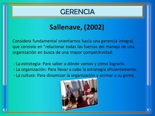 GERENCIA

                   Sallenave, (2002)
Considera fundamental orientarnos hacia una gerencia integral,
que consiste en "relacionar todas las fuerzas del manejo de una
organización en busca de una mayor competitividad:

- La estrategia: Para saber a dónde vamos y cómo lograrlo.
- La organización: Para llevar a cabo la estrategia eficientemente.
- La cultura: Para dinamizar la organización y animar a su gente.
 
