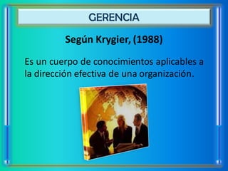 GERENCIA
         Según Krygier, (1988)
Es un cuerpo de conocimientos aplicables a
la dirección efectiva de una organización.
 