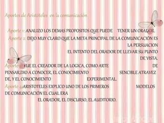 Aportes de Aristóteles en la comunicación
Aporte 1: ANALIZO LOS DEMAS PROPOSITOS QUE PUEDE TENER UN ORADOR.
Aporte 2: DEJO MUY CLARO QUE LA META PRINCIPAL DE LA COMUNICACIÓN ES
LA PERSUACION
EL INTENTO DEL ORADOR DE LLEVAR SU PUNTO
DE VISTA.
Aporte 3: FUE EL CREADOR DE LA LOGICA, COMO ARTE DE
PENSAR,DIO A CONOCER, EL CONOCIMIENTO SENCIBLE ATRAVEZ
DE, Y EL CONOCIMIENTO EXPERIMENTAL.
Aporte 4:ARISTOTELES EXPLICO UNO DE LOS PRIMEROS MODELOS
DE COMUNICACIÓN EL CUAL ERA
EL ORADOR, EL DISCURSO, EL AUDITORIO.
 