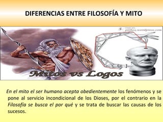 DIFERENCIAS ENTRE FILOSOFÍA Y MITO En el mito el ser humano acepta obedientemente  los fenómenos y se pone al servicio incondicional de los Dioses, por el contrario en la  Filosofía se busca el por qué  y se trata de buscar las causas de los sucesos.  
