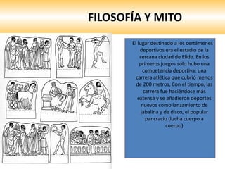 FILOSOFÍA Y MITO El lugar destinado a los certámenes deportivos era el estadio de la cercana ciudad de Elide. En los primeros juegos sólo hubo una competencia deportiva: una carrera atlética que cubrió menos de 200 metros, Con el tiempo, las carrera fue haciéndose más extensa y se añadieron deportes nuevos como lanzamiento de jabalina y de disco, el popular pancracio (lucha cuerpo a cuerpo) 