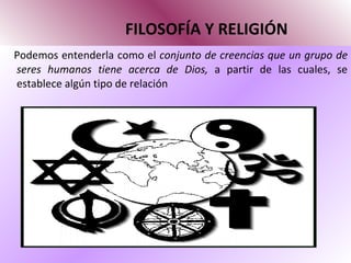 FILOSOFÍA Y RELIGIÓN Podemos entenderla como el  conjunto de creencias que un grupo de seres humanos tiene acerca de Dios,  a partir de las cuales, se establece algún tipo de relación 