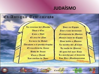 JUDAÍSMO Otra religión es el  Judaísmo , la cual a diferencia de otras, se practica por un  grupo  étnico  en particular, que es el  judío  y que es elegido por Dios para revelar sus mandamientos, basado en el  antiguo testamento  y rituales como la estrella de David, el candelabro de los siete brazos a Israel como tierra sagrada.  