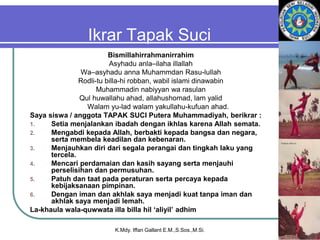Ikrar Tapak Suci
Bismillahirrahmanirrahim
Asyhadu anla–ilaha illallah
Wa–asyhadu anna Muhammdan Rasu-lullah
Rodli-tu billa-hi robban, wabil islami dinawabin
Muhammadin nabiyyan wa rasulan
Qul huwallahu ahad, allahushomad, lam yalid
Walam yu-lad walam yakullahu-kufuan ahad.
Saya siswa / anggota TAPAK SUCI Putera Muhammadiyah, berikrar :
1. Setia menjalankan ibadah dengan ikhlas karena Allah semata.
2. Mengabdi kepada Allah, berbakti kepada bangsa dan negara,
serta membela keadilan dan kebenaran.
3. Menjauhkan diri dari segala perangai dan tingkah laku yang
tercela.
4. Mencari perdamaian dan kasih sayang serta menjauhi
perselisihan dan permusuhan.
5. Patuh dan taat pada peraturan serta percaya kepada
kebijaksanaan pimpinan.
6. Dengan iman dan akhlak saya menjadi kuat tanpa iman dan
akhlak saya menjadi lemah.
La-khaula wala-quwwata illa billa hil ‘aliyil’ adhim
K.Mdy. Iffan Gallant E.M.,S.Sos.,M.Si.
 