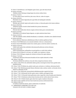 83. Ibíden 55 (B 89)Etsaia ez da bidegabea egiten duena, egin nahi duena baizik.
84. Ibidem 56 (B 90)
    Ahaideen arteko bekaizgoa mingarriagoa da arrotzen artekoa baino.
85. Ibidem 57 (B 91)
    Ez ezazu denen susmo txarrik har; joka ezazu, hala ere, zuhur eta seguru.
86. Ibidem 58 (B 92)
    Mesedeak noiz jasoko dagoenak prest egon behar du handiagoak itzultzeko.
87. Ibidem 59 (B 93)
    Mesedea egin aurretik, begira nork jasoko ote duen, ez diezazula gaitza itzul onaren ordainez.
88. Ibidem 60 (B 94)
    Abagunean eginiko mesede txikiak handiak dira jasotzen dutenentzat.
89. Ibidem 61 (B 95)
    Ohoreek balio handia dute ohoreen zergatia ulertzen duten gizon zentzudunentzat.
90. Ibidem 62 (B 96)
    Eskuzabala ez da ordainari begira dagoena, on egitea aukeratu duena baino.
91. Ibidem 63 (B 97)
    Asko dira adiskide izateke adiskide diruditenak, eta adiskide ez diruditen arren adiskide direnak.
92. Ibidem 64 (B 98)
    Gizon adimentsu bakarraren adiskidetasuna hobea da adimen gabekoena baino.
93. Ibidem 65 (B 99)Bizitzak ez du zentzurik adiskide on bat ere ez duenarentzat.
94. Ibidem 66 (B 100)Adiskide saiatuei luze eusteko gauza ez den hura adiurre txarrekoa da.
95. Ibidem 67 (B 101)
    Askok muzin egiten diete adiskideei aberastasunetik pobrezian erortzen direnean
96. Ibidem 68 (B 102)
    Ederra da berdintasuna; gehiegizkoa eta gutxiegizkoa ez zaizkit hala iruditzen.
97. Ibidem 69 (B 103)Inork ez du maite, nire irudiko, inor maitatzen ez duena.
98. Ibidem 70 (B 104)Agure atsegina da zirtolaria eta benaz hitz egiten dakiena.
99. Ibidem 71 (B 105)
    Gorputzaren edertasuna aberearena bezalakoa da bere azpitik adimenik ez badu.
100. Ibidem 72 (B 106)
   Zorionean adiskide bat aurkitzea erraza da, baina zorigaitzean denetan zailena.
101. Ibidem 73 (B 107)Ez dira adiskideak ahaide guztiak, komenigarria denari buruz gurekin ados
   daudenak baizik.
102. Ibidem 74 (B 107a)Duina da, gizakia izanik, giza zoritxarrez ez trufatzea, deitoratzea baizik.
103. Ibidem 75 (B 108)Aberastasunak bilatzen dituztenei nekez azaltzen zaizkie; zoritxarrak, berriz,
   bilatzen ez dituztenei ere bai.
104. Ibidem 76 (B 109)Gizaki maiseatzaileak adiskidetasunerako ezgaiak dira berez.
105. Ibidem 77 (B 110)Emazteki bat hitz egiten saiatu ez dadila, gorrotagarria baita.
106. Ibidem 78 (B 111)Emazteki batek gobernatua izatea izugarrizko iraina litzateke gizon batentzat.
107. Ibidem 79 (B 112)Jainkotiar adimen baten berezkoa da beti zerbait ederrari buruz aritzea.
108. Ibidem 81 (B 113)Kalte handia egiten diete buru-ergelei, laudatzen dituztenek.
109. Ibidem 82 (B 114)Hobe da beste baten laudorioak jasotzea norberarenak baino.
110. Ibidem 83 (B 115)
   Ez badituzu laudoriok ulertzen, jakizu zurikerietan ari zaizkizula.
111. DIOGENES LAERTZIO, IX 36 (B 116)
   Atenasera iritsi eta inork ez ninduen ezagutu.
 