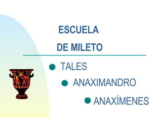 ESCUELA  DE MILETO TALES ANAXIMANDRO ANAXÍMENES 