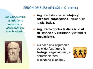 ZENÓN DE ELEA (490-420 a. C. aprox.)   En una carrera, el más lento nunca será alcanzado por el más rápido  . Argumentaba con  paradojas y razonamientos falsos.  Iniciador de la  dialéctica. Argumentó  contra la divisibilidad del espacio y el tiempo , y contra el  movimiento . Un conocido argumento es el de  Aquiles y la tortuga , según el cual, el corredor nunca alcanzaría al animal. 
