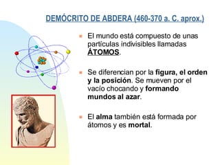DEMÓCRITO DE ABDERA (460-370 a. C. aprox.)   El mundo está compuesto de unas partículas indivisibles llamadas  ÁTOMOS .  Se diferencian por la  figura, el orden y la posición . Se mueven por el vacío chocando y  formando mundos al azar . El  alma  también está formada por átomos y es  mortal . 