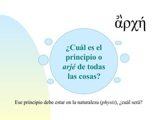 Ese principio debe estar en la naturaleza ( physis ), ¿cuál será? αρχή ¿Cuál es el principio o  arjé  de todas las cosas? 