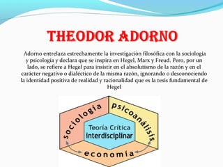 Adorno entrelaza estrechamente la investigación filosófica con la sociología
y psicología y declara que se inspira en Hegel, Marx y Freud. Pero, por un
lado, se refiere a Hegel para insistir en el absolutismo de la razón y en el
carácter negativo o dialéctico de la misma razón, ignorando o desconociendo
la identidad positiva de realidad y racionalidad que es la tesis fundamental de
Hegel

 