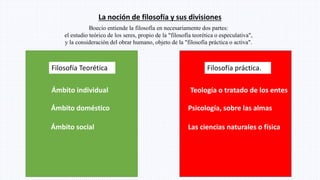 Filosofía Teorética
La noción de filosofía y sus divisiones
Boecio entiende la filosofía en necesariamente dos partes:
el estudio teórico de los seres, propio de la "filosofía teorética o especulativa",
y la consideración del obrar humano, objeto de la "filosofía práctica o activa".
Ámbito individual
Ámbito doméstico
Ámbito social
Psicología, sobre las almas
Las ciencias naturales o física
Filosofía práctica.
Teología o tratado de los entes
 