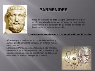 PARMENIDES

                               Nace en la ciudad de Elea (Magna Grecia) hacia el 515
                               a. C. aproximadamente en el seno de una familia
                               aristocrática. Es legislador de su ciudad en donde no
                               hay todavía un sistema democrático.


                           Teoría : Nada cambia (era todo producido por la razón)

•   Afirmaba que la realidad en su conjunto es estática y
    aunque pueda parecer lo contrario, en el fondo nunca
    nada cambia.
•   La teoría de Parménides nos recuerda a ese principio
    fundamental de la física que dice que "la materia no se
    crea ni se destruye, sólo se transforma", es decir, que
    en el fondo la realidad siempre es la misma.
 
