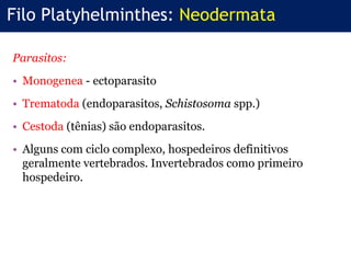 Parasitos:
• Monogenea - ectoparasito
• Trematoda (endoparasitos, Schistosoma spp.)
• Cestoda (tênias) são endoparasitos.
• Alguns com ciclo complexo, hospedeiros definitivos
geralmente vertebrados. Invertebrados como primeiro
hospedeiro.
Filo Platyhelminthes: Neodermata
 