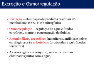 • Excreção – eliminação de produtos residuais do
metabolismo (CO2, H2O, nitrogênio)
• Osmorregulação – regulação da água e fluidos
corpóreos, mantém concentração de fluidos.
• Amoniotélicos, ureotélicos (mamíferos, anfíbios e peixes
cartilaginosos) e uricotélicos (artrópodes e gastrópodes
terrestres).
• As vezes agem em conjunto, sendo os resíduos
eliminados juntos com a água.
Excreção e Osmorregulação
 