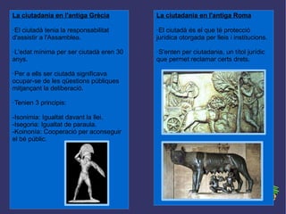 La ciutadania en l'antiga Grècia ·El ciutadà tenia la responsabilitat d'assistir a l'Assamblea. ·L'edat mínima per ser ciutadà eren 30 anys. ·Per a ells ser ciutadà significava ocupar-se de les qüestions públiques mitjançant la deliberació. ·Tenien 3 principis: -Isonimia: Igualtat davant la llei. -Isegoria: Igualtat de paraula. -Koinonía: Cooperació per aconseguir el bé públic. La ciutadania en l'antiga Roma ·El ciutadà és el que té protecció jurídica otorgada per lleis i institucions. ·S'enten per ciutadania, un títol jurídic que permet reclamar certs drets. 