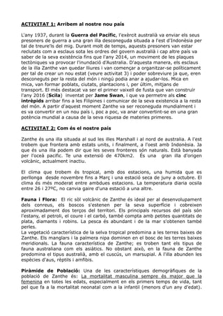 ACTIVITAT 1: Arribem al nostre nou país

L'any 1937, durant la Guerra del Pacífic, l'exèrcit australià va enviar els seus
presoners de guerra a una gran illa desconeguda situada a l'est d'Indonèsia per
tal de treure'ls del mig. Durant molt de temps, aquests presoners van estar
reclutats com a esclaus sota les ordres del govern australià i cap altre país va
saber de la seva existència fins que l'any 2014, un moviment de les plaques
tectòniques va provocar l'inundació d'Australia. D'aquesta manera, els esclaus
de la illa Zanthe van quedar lliures i van començar a organitzar-se políticament
per tal de crear un nou estat (veure activitat 3) i poder sobreviure ja que, eren
desconeguts per la resta del món i ningú podia anar a ajudar-los. Mica en
mica, van formar poblats, ciutats, plantacions i, per últim, mitjans de
transport. El més destacat va ser el primer vaixell de fusta que van construïr
l'any 2016 (Scila) inventat per Jame Swan, i que va permetre als cinc
intrèpids arribar fins a les Filipines i comunicar de la seva existencia a la resta
del món. A partir d'aquest moment Zanthe va ser reconeguda mundialment i
es va convertir en un nou país i, poc a poc, va anar convertint-se en una gran
potència mundial a causa de la seva riquesa de materies primeres.

ACTIVITAT 2: Com és el nostre país

Zanthe és una illa situada al sud les illes Marshall i al nord de australia. A l'est
trobem que frontera amb estats units, i finalment, a l'oest amb Indonèsia. Ja
que és una illa podem dir que les seves fronteres són naturals. Està banyada
per l'oceà pacific. Te una extensió de 470km2. És una gran illa d'origen
volcànic, actualment inactiu.

El clima que trobem és tropical, amb dos estacions, una humida que es
perllonga desde novembre fins a Març i una estació seca de juny a octubre. El
clima és més moderat entre ambdues estacions. La temperatura diaria ocsila
entre 26 i 27ºC, no canvia gaire d'una estació a una altre.

Fauna i Flora: El ric sòl volcànic de Zanthe és ideal per al desenvolupament
dels conreus, els boscos s'estenen per la seva superfície i cobreixen
aproximadament dos terços del territori. Els principals recursos del país són
l'estany, el petroli, el coure i el carbó, també compta amb petites quantitats de
plata, diamants i robins. La pesca és abundant i de la mar s'obtenen també
perles.
La vegetació característica de la selva tropical predomina a les terres baixes de
Zanthe. Els manglars i la palmera nipa dominen en el bosc de les terres baixes
meridionals. La fauna característica de Zanthe; es troben tant els tipus de
fauna australiana com els asiàtics. No obstant això, en la fauna de Zanthe
predomina el tipus australià, amb el cuscús, un marsupial. A l'illa abunden les
espècies d'aus, rèptils i amfibis.

Piràmide de Població: Una de les característiques demogràfiques de la
població de Zanthe és: La mortalitat masculina sempre és major que la
femenina en totes les edats, especialment en els primers temps de vida, tant
pel que fa a la mortalitat neonatal com a la infantil (menors d'un any d'edat).
 