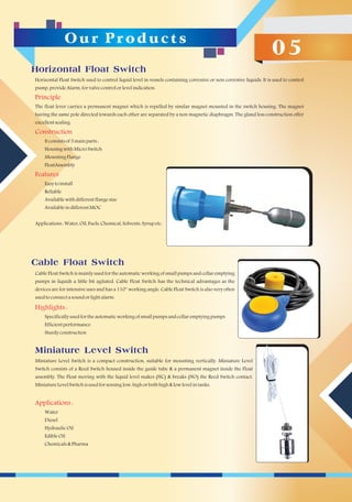 O u r Pr o d u c t s
0 5
Horizontal Float Switch used to control liquid level in vessels containing corrosive or non corrosive liquids. It is used to control
pump,provideAlarm,forvalvecontrolorlevelindication.
Principle
The float lever carries a permanent magnet which is repelled by similar magnet mounted in the switch housing. The magnet
having the same pole directed towards each other are separated by a non magnetic diaphragm. The gland less construction offer
excellentsealing.
Construction
Itconsistsof3mainparts:
HousingwithMicroSwitch
MountingFlange
FloatAssembly
Features
Easytoinstall
Reliable
Availablewithdifferentflangesize
AvailableindifferentMOC
Applications:Water,Oil,Fuels,Chemical,Solvents,Syrupetc.
Cable Float Switch is mainly used for the automatic working of small pumps and cellar emptying
pumps in liquids a little bit agitated. Cable Float Switch has the technical advantages as the
devices are for intensive uses and has a 110° working angle. Cable Float Switch is also very often
usedtoconnectasoundorlightalarm.
Highlights:
Specificallyusedfortheautomaticworkingofsmallpumpsandcellaremptyingpumps
Efficientperformance
Sturdyconstruction
Horizontal Float Switch
Cable Float Switch
Miniature Level Switch is a compact construction, suitable for mounting vertically. Miniature Level
Switch consists of a Reed Switch housed inside the guide tube & a permanent magnet inside the Float
assembly. The Float moving with the liquid level makes (NC) & breaks (NO) the Reed Switch contact.
MiniatureLevelSwitchisusedforsensinglow,highorbothhigh&lowlevelintanks.
Applications:
Water
Diesel
HydraulicOil
EdibleOil
Chemicals&Pharma
Miniature Level Switch
 