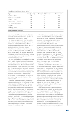 The importance of effective and efficient 
resolution of non-performing loans 
by Patrick Schaefer and Mahesh Uttamchandani, World Bank Group 
As Philip Wood, noted international financial law scholar and insolvency 
practitioner, affirms in his text, The Law and Practice of International Finance, 
insolvency law plays a fundamental role in credit-based economies as, when 
businesses become insolvent and loans are unable to be repaid, the cost of 
credit increases (or is withdrawn altogether) and overall economic activity 
suffers.1 Laws and regulations which govern insolvency play a central role in 
promoting a healthy and dynamic climate for business by assuring 
that credit and assets are efficiently allocated and reallocated. While a 
business may generally consider the particulars of the insolvency framework 
only upon the arrival of financial distress, the laws and their degree of 
efficiency establish the ex ante conditions for a properly functioning credit 
and business environment. Such considerations are of fundamental 
importance for maturing credit-based and market economies in developing 
countries; strengthening insolvency frameworks can help to facilitate 
investment therein. 
The fundamental importance of these frameworks has 
gained particular relevance in the wake of the global 
financial crisis which has resulted in higher rates of 
non-performing loans (NPLs) and a consequent rise 
in the rates of corporate insolvencies in many parts 
of the world, with particular escalation evident in 
Eastern Europe.2 However, the current legislative and 
regulatory response among countries varies widely 
and often only serves to exacerbate the resolution of 
NPLs. In order to deal more effectively with these 
burdens, countries must strive to create ever more 
efficient debt resolution frameworks. The challenge is 
for countries to find ways to improve NPL resolution 
through legislative and regulatory reform. 
The World Bank Group’s Investment Advisory 
Services has a specific Debt Resolution and Business 
Exit Team to assist countries in improving their 
insolvency frameworks. 
Non-performing loans and their 
economic impact 
The reach of the financial crisis has been extensive 
and, in most of the world’s regions, particularly in 
Central and Eastern Europe, it has generally resulted 
in a significant rise in NPL rates (Figure 1). Indeed, 
increasing NPL rates and the consequent 
deterioration in the quality of banks’ loan portfolios 
have been at the center of costly banking system 
distress and economic crises in both developing and 
advanced economies.3 A study of the Central and 
Eastern European countries, for example, found that 
the economic slowdown has led to a deterioration of 
NPL ratios.4 In times of such distress and slowdown, 
with the concomitant rise in NPLs, financial institutions 
face recapitalisation needs as their balance sheets 
deteriorate. Banks are less willing to extend new 
credit or roll over debt, which, in turn, weighs on 
8 
Figure 1: Increase in non-performing loan rates 
Region 2007 2008 2009 2010 2011 
Africa 3.36 3.34 5.73 6.82 5.33 
Middle East 2.26 2.73 3.70 4.82 4.62 
Far East and Central Asia 3.56 2.90 2.79 2.68 2.72 
Eastern Europe 3.54 3.84 8.04 8.29 8.23 
Western Europe 2.08 2.60 4.40 5.13 4.38 
North America .76 1.49 3.43 3.18 2.87 
Central and South America 4.08 4.13 5.08 3.83 3.57 
OECD high income 2.01 2.40 3.77 4.00 3.20 
Source: Bankscope; NPL Rates amongst the top 500 active lending institutions by average value of assets in the respective region. 
 