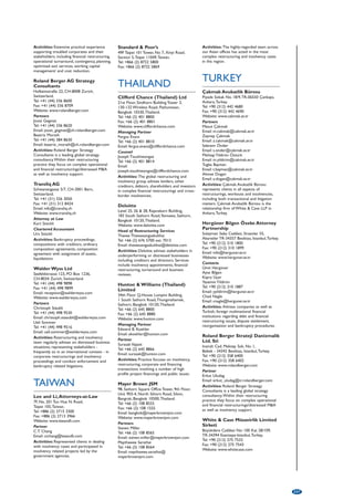 Blake Dawson 
Level 38, Riverside Centre,123 Eagle Street, 
Brisbane QLD 4000, Australia. 
Tel: +61 (7) 3259 7000 
Fax: +61 (7) 3259 7111 
Website: www.blakedawson.com 
National Practice Head, Restructuring  
Insolvency 
James Marshall 
Tel: +61 (2) 9258 6508 
Email: james.marshall@blakedawson.com 
Partner, Restructuring  Insolvency 
Ray Mainsbridge 
Tel: +61 (2) 9258 6049 
Email: ray.mainsbridge@blakedawson.com 
Activities: Corporate reconstruction and 
insolvency law which includes advising both 
lenders and debtors on formal and informal 
schemes of arrangement, and administrators 
of insolvent companies and creditors on the 
enforcement of securities and other rights. 
Blake Dawson 
Level 32, Exchange Plaza, 2 The Esplanade, 
Perth WA 6000, Australia. 
Tel: +61 (8) 9366 8000 
Fax: +61 (8) 9366 8111 
Website: www.blakedawson.com 
National Practice Head, Restructuring  
Insolvency 
James Marshall 
Tel: +61 (2) 9258 6508 
Email: james.marshall@blakedawson.com 
Partner, Restructuring  Insolvency 
Ray Mainsbridge 
Tel: +61 (2) 9258 6049 
Email: ray.mainsbridge@blakedawson.com 
Activities: Corporate reconstruction and 
insolvency law which includes advising both 
lenders and debtors on formal and informal 
schemes of arrangement, and administrators 
of insolvent companies and creditors on the 
enforcement of securities and other rights. 
Blake Dawson 
Level 36, Grosvenor Place, 225 George 
Street, Sydney NSW 2000, Australia. 
Tel: +61 (2) 9258 6000 
Fax: +61 (2) 9258 6999 
Website: www.blakedawson.com 
National Practice Head, Restructuring  
Insolvency 
James Marshall 
Tel: +61 (2) 9258 6508 
Email: james.marshall@blakedawson.com 
Partner, Restructuring  Insolvency 
Ray Mainsbridge 
Tel: +61 (2) 9258 6049 
Email: ray.mainsbridge@blakedawson.com 
Activities: Corporate reconstruction and 
insolvency law which includes advising both 
lenders and debtors on formal and informal 
schemes of arrangement, and administrators 
of insolvent companies and creditors on the 
enforcement of securities and other rights. 
Blake Dawson 
Level 26, 181 William Street, 
Melbourne VIC 3000, Australia. 
Tel: +61 (3) 9679 3000 
Fax: +61 (3) 9679 3111 
Website: www.blakedawson.com 
National Practice Head, Restructuring  
Insolvency 
James Marshall 
Tel: +61 (2) 9258 6508 
Email: james.marshall@blakedawson.com 
Partner, Restructuring  Insolvency 
Ross McClymont 
Tel: +61 (3) 9679 3025 
Email: ross.mcclymont@blakedawson.com 
Activities: Corporate reconstruction and 
insolvency law which includes advising both 
lenders and debtors on formal and informal 
schemes of arrangement, and administrators 
of insolvent companies and creditors on the 
enforcement of securities and other rights. 
Blake Dawson 
Level 11, 12 Moore Street, 
Canberra ACT 2601, Australia. 
Tel: +61 (2) 6234 4000 
Fax: +61 (2) 6234 4111 
Website: www.blakedawson.com 
National Practice Head, Restructuring  
Insolvency 
James Marshall 
Tel: +61 (2) 9258 6508 
Email: james.marshall@blakedawson.com 
Partner, Restructuring  Insolvency 
Ray Mainsbridge 
Tel: +61 (2) 9258 6049 
Email: ray.mainsbridge@blakedawson.com 
Activities: Corporate reconstruction and 
insolvency law which includes advising both 
lenders and debtors on formal and informal 
schemes of arrangement, and administrators 
of insolvent companies and creditors on the 
enforcement of securities and other rights. 
Blake Dawson 
Level 4, 151 Pirie Street, Adelaide SA 5000, 
Australia. 
Tel: +61 (8) 8112 1000 
Fax: +61 (8) 8112 1099 
Website: www.blakedawson.com 
National Practice Head, Restructuring  
Insolvency 
James Marshall 
Tel: +61 (2) 9258 6508 
Email: james.marshall@blakedawson.com 
Partner, Restructuring  Insolvency 
Ray Mainsbridge 
Tel: +61 (2) 9258 6049 
Email: ray.mainsbridge@blakedawson.com 
Activities: Corporate reconstruction and 
insolvency law which includes advising both 
lenders and debtors on formal and informal 
schemes of arrangement, and administrators 
of insolvent companies and creditors on the 
enforcement of securities and other rights. 
Deloitte 
Grosvenor Place, 225 George Street, 
Sydney NSW 1217, Australia. 
Website: www.deloitte.com 
Head of Restructuring Services 
David McCarthy 
Tel: +61 (2) 9322 7086 
Email: damccarthy@deloitte.com.au 
Activities: Deloitte advises stakeholders in 
underperforming or distressed businesses 
including creditors and directors. Services 
include insolvency appointments, financial 
restructuring, turnaround and business 
reviews. 
DibbsBarker 
Level 23, Central Plaza Two, 66 Eagle Street, 
Brisbane QLD 4000, Australia. 
Tel: +61 (7) 3100 5000 
Fax: +61 (7) 3100 5001 
Email: enquiry@dibbsbarker.com 
Website: www.dibbsbarker.com 
Partner 
Scott Guthrie 
Activities: Services include administrations, 
bankruptcies, corporate voluntary 
arrangements, company searches and status 
enquiries, court proceedings, credit 
management consultancy, debt collection, 
enforcement of security, liquidations, 
receiverships, statutory demands and 
insolvency petitions. 
DibbsBarker 
Level 6, Canberra House, 40 Marcus Clarke 
Street, Canberra ACT 2600, Australia. 
Tel: +61 (2) 6201 7222 
Fax: +61 (2) 6257 4011 
Email: canberra@dibbsbarker.com 
Website: www.dibbsbarker.com 
Partner 
John Hill 
Activities: Services include administrations, 
bankruptcies, corporate voluntary 
arrangements, company searches and status 
enquiries, court proceedings, credit 
management consultancy, debt collection, 
enforcement of security, liquidations, 
receiverships, statutory demands and 
insolvency petitions. 
DibbsBarker 
Level 8, Angel Place, 123 Pitt Street, 
Sydney NSW 2000, Australia. 
Tel: +61 (2) 8233 9500 
Fax: +61 (2) 8233 9555 
Email: enquiry@dibbsbarker.com 
Website: www.dibbsbarker.com 
Partner 
Wendy Jacobs 
Tel: +61 (2) 8233 9533 
Email: wendy.jacobs@dibbsbarker.com 
Activities: Services include administrations, 
bankruptcies, corporate voluntary 
arrangements, company searches and status 
enquiries, court proceedings, credit 
management consultancy, debt collection, 
enforcement of security, liquidations, 
receiverships, statutory demands and 
insolvency petitions. 
Ferrier Hodgson 
Level 13, Grosvenor Place, 225 George 
Street, Sydney NSW 2000, Australia. 
Tel: +61 (2) 9286 9999 
Fax: +61 (2) 9286 9888 
Website: www.ferrierhodgson.com 
Partner 
Steven Sherman 
Email: steven.sherman@fh.com.au 
Activities: Independent professional services 
group specialising in corporate advisory, 
corporate recovery and forensic services. 
Offices in all major Australian capital cities 
and Asia. 
Gadens Lawyers 
Level 12, 77 Castlereagh Street, 
Sydney NSW 2000, Australia. 
Tel: +61 (2) 9931 4999 
Fax: +61 (2) 9931 4888 
Email: info@nsw.gadens.com.au 
Website: www.gadens.com.au 
Contacts 
Campbell Hudson 
Tel: +61 (2) 9931 4957 
Email: chudson@nsw.gadens.com.au 
Justin Bates 
Tel: +61 (2) 9931 4763 
Email: jbates@nsw.gadens.com.au 
Activities: Gadens Lawyers regularly advises 
insolvency practitioners and financiers on a 
range of issues including informal workouts, 
administration, appointments and 
re-documentation. 
193 
 