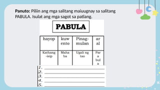 Panuto: Piliin ang mga salitang maiuugnay sa salitang
PABULA. Isulat ang mga sagot sa patlang.
 