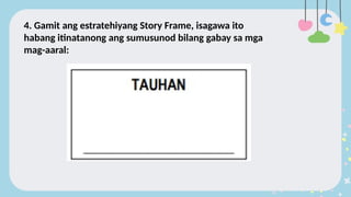 4. Gamit ang estratehiyang Story Frame, isagawa ito
habang itinatanong ang sumusunod bilang gabay sa mga
mag-aaral:
 