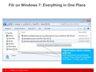 Filr on Windows 7: Everything in One Place




                                           Files/Folders others shared
                                           with me:
                                           With Comments, Synchronized,
                                           Leased Times (share for specified
                                           time frame, 1 month, year, etc.)




15   © Novell, Inc. All rights reserved.
 