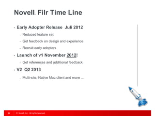 Novell Filr Time Line     ®




     •   Early Adopter Release Juli 2012
             –   Reduced feature set
             –   Get feedback on design and experience
             –   Recruit early adopters

     •   Launch of v1 November 2012!
             –   Get references and additional feedback

     •   V2 Q2 2013
             –   Multi-site, Native Mac client and more …




24       © Novell, Inc. All rights reserved.
 
