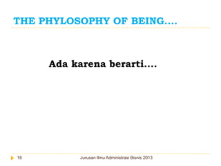 THE PHYLOSOPHY OF BEING....

Ada karena berarti....

18

Jurusan Ilmu Administrasi Bisnis 2013

 