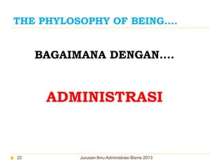 THE PHYLOSOPHY OF BEING....

BAGAIMANA DENGAN....

ADMINISTRASI

22

Jurusan Ilmu Administrasi Bisnis 2013

 