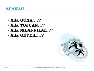 APAKAH....
•
•
•
•

23

Ada
Ada
Ada
Ada

GUNA....?
TUJUAN...?
NILAI-NILAI...?
OBYEK....?

Jurusan Ilmu Administrasi Bisnis 2013

 