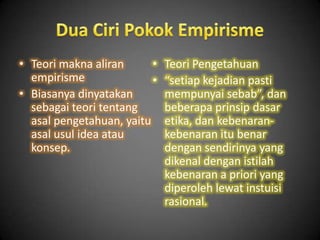 • Teori makna aliran
empirisme
• Biasanya dinyatakan
sebagai teori tentang
asal pengetahuan, yaitu
asal usul idea atau
konsep.
• Teori Pengetahuan
• “setiap kejadian pasti
mempunyai sebab”, dan
beberapa prinsip dasar
etika, dan kebenaran-
kebenaran itu benar
dengan sendirinya yang
dikenal dengan istilah
kebenaran a priori yang
diperoleh lewat instuisi
rasional.
 