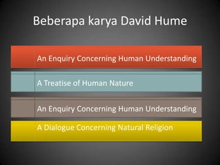 Beberapa karya David Hume
An Enquiry Concerning Human Understanding
A Treatise of Human Nature
An Enquiry Concerning Human Understanding
A Dialogue Concerning Natural Religion
 