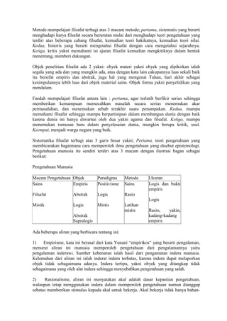 Metode mempelajari filsafat terbagi atas 3 macam metode; pertama, sistematis yang berarti
menghadapi karya filsafat secara berurutan mulai dari menghadapi teori pengetahuan yang
terdiri atas beberapa cabang filsafat, kemudian teori hakikatnya, kemudian teori nilai.
Kedua, historis yang berarti mengetahui filsafat dengan cara mengetahui sejarahnya.
Ketiga, kritis yakni memahami isi ajaran filsafat kemudian mengkitiknya dalam bentuk
menentang, memberi dukungan.

Objek penelitian filsafat ada 2 yakni: obyek materi yakni obyek yang dipikirkan ialah
segala yang ada dan yang mungkin ada, atau dengan kata lain cakupannya luas sekali baik
itu bersifat empiris dan abstrak, juga hal yang mengenai Tuhan, hari akhir sebagai
kesimpulannya lebih luas dari objek material sains. Objek forma yakni penyelidikan yang
mendalam.

Faedah mempelajari filsafat antara lain : pertama, agar terlatih berfikir serius sehingga
memberikan kemampuan memecahkan masalah secara serius menemukan akar
permasalahan, dan menemukan sebab terakhir suatu penampakan. Kedua, mampu
memahami filsafat sehingga mampu berpartisipasi dalam membangun dunia dengan baik
karena dunia ini hanya diwarnai oleh dua yakni agama dan filsafat. Ketiga, mampu
menemukan rumusan baru dalam penyelesaian dunia, mungkin berupa kritik, usul.
Keempat, menjadi warga negara yang baik.

Sistematika filsafat terbagi atas 3 garis besar yakni; Pertama, teori pengetahuan yang
membicarakan bagaimana cara memperoleh ilmu pengetahuan yang disebut epistemologi.
Pengetahuan manusia itu sendiri terdiri atas 3 macam dengan ilustrasi bagan sebagai
berikut:

Pengetahuan Manusia

Macam Pengetahuan Objek            Paradigma      Metode     Ukuran
Sains             Empiris          Positivisme    Sains      Logis dan bukti
                                                             empiris
Filsafat              Abstrak      Logis          Rasio
                                                             Logis
Mistik                Logis        Mistis         Latihan
                                                  mistis     Rasio,    yakin,
                      Abstrak                                kadang-kadang
                      Supralogis                             empiris

Ada beberapa aliran yang berbicara tentang ini:

1)   Empirisme, kata ini berasal dari kata Yunani “empirikos” yang berarti pengalaman,
menurut aliran ini manusia memperoleh pengetahuan dari pengalamannya yaitu
pengalaman inderawi. Sumber kebenaran ialah hasil dari pengamatan indera manusia.
Kelemahan dari aliran ini ialah inderat indera terbatas, karena indera dapat melaporkan
objek tidak sebagaimana adanya. Indera tertipu, yakni obyek yang ditangkap tidak
sebagaimana yang oleh alat indera sehingga menyebabkan pengetahuan yang salah.

2)    Rasionalisme, aliran ini menyatakan akal adalah dasar kepastian pengetahuan,
walaupun tetap menggunakan indera dalam memperoleh pengetahuan namun dianggap
sebatas memberikan stimulus kepada akal untuk bekerja. Akal bekerja tidak hanya bahan-
 