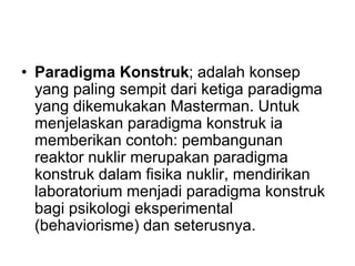• Paradigma Konstruk; adalah konsep
yang paling sempit dari ketiga paradigma
yang dikemukakan Masterman. Untuk
menjelaskan paradigma konstruk ia
memberikan contoh: pembangunan
reaktor nuklir merupakan paradigma
konstruk dalam fisika nuklir, mendirikan
laboratorium menjadi paradigma konstruk
bagi psikologi eksperimental
(behaviorisme) dan seterusnya.
 