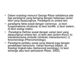 • Dalam sosiologi menurut George Ritzer setidaknya ada
tiga paradigma yang bersaing dengan beberapa varian
teori yang dipayunginya. Paradigma itu antara lain:
• paradigma fakta sosial dengan variannya: a) teori
fungsionalisme struktural; b) teori konflik; c) teori sistem;
d) teori siologi makro.
• Paradigma Definisi sosial dengan varian teori yang
dipayunginya antara lain: a) teori aksi (action thory); b)
interaksionisme simbolik (simbolic interactionism); c)
fenomenologi (Phenomenology).
• Paradigma perilaku sosial yang dikenal juga dengan
pendekatan behavioris. Varian teorinya adalah, a)
Sosilogi tingkah-laku (behavioral sociology); b) teori
exhange atau teori pertukaran Ritzer, 2002).
 