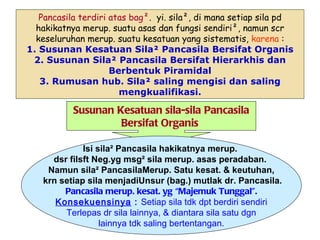 Pancasila terdiri atas bag². yi. sila², di mana setiap sila pd
  hakikatnya merup. suatu asas dan fungsi sendiri², namun scr
  keseluruhan merup. suatu kesatuan yang sistematis, karena :
1. Susunan Kesatuan Sila² Pancasila Bersifat Organis
 2. Susunan Sila² Pancasila Bersifat Hierarkhis dan
                     Berbentuk Piramidal
   3. Rumusan hub. Sila² saling mengisi dan saling
                       mengkualifikasi.

           Susunan Kesatuan sila-sila Pancasila
                    Bersifat Organis

              Isi sila² Pancasila hakikatnya merup.
      dsr filsft Neg.yg msg² sila merup. asas peradaban.
     Namun sila² PancasilaMerup. Satu kesat. & keutuhan,
    krn setiap sila menjadiUnsur (bag.) mutlak dr. Pancasila.
         Pancasila merup. kesat. yg “Majemuk Tunggal”.
       Konsekuensinya : Setiap sila tdk dpt berdiri sendiri
         Terlepas dr sila lainnya, & diantara sila satu dgn
                   lainnya tdk saling bertentangan.
 